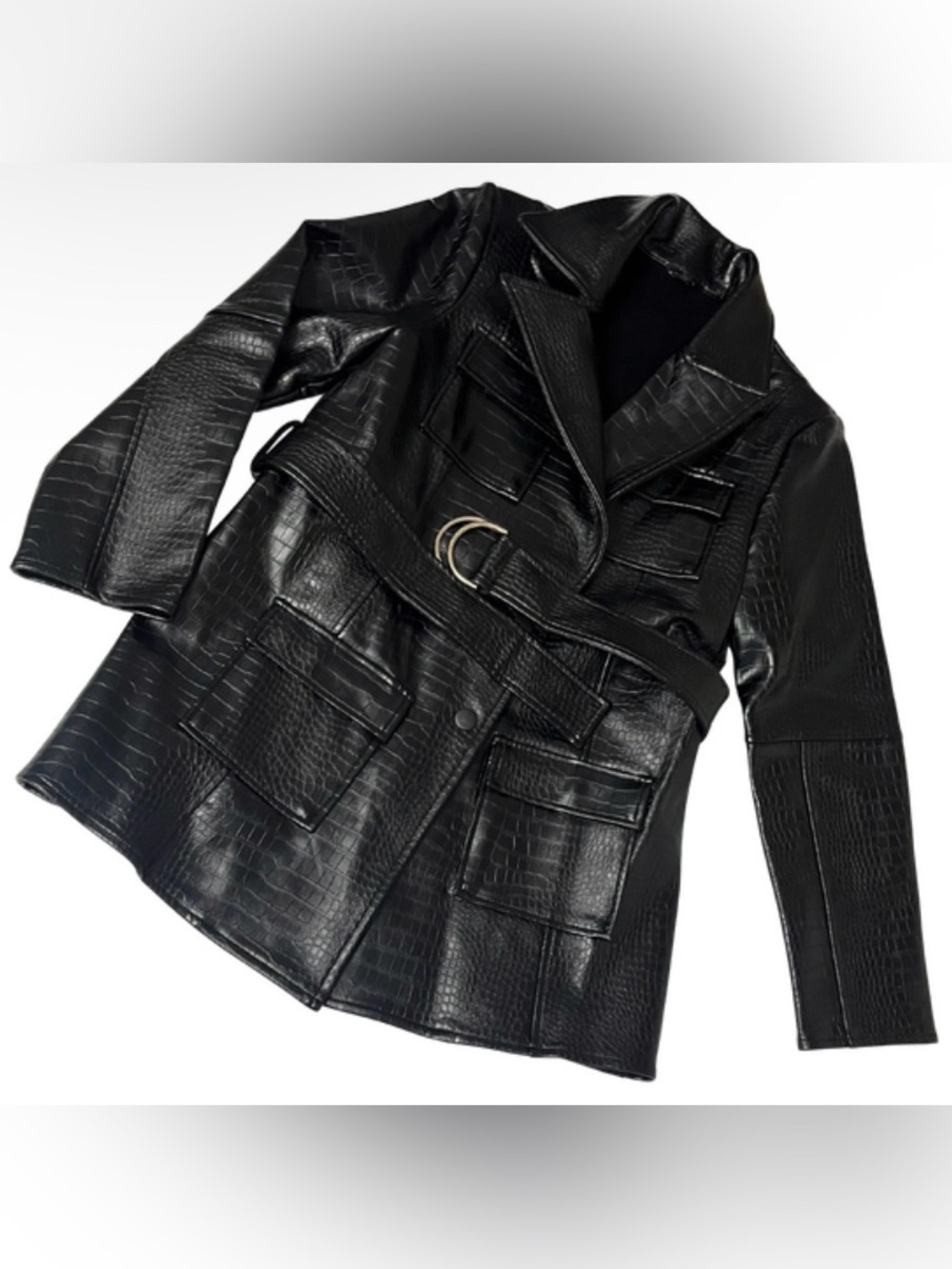 JLUXLABEL Medium Black Croc Embossed Faux Leather Belted Moto Trench Jacket Coat